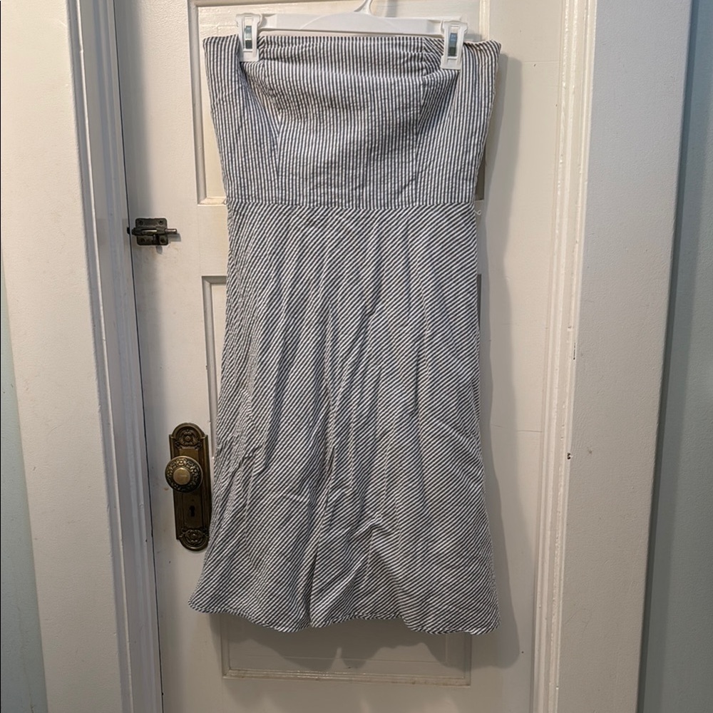 LOFT Blue Seersucker Strapless Dress